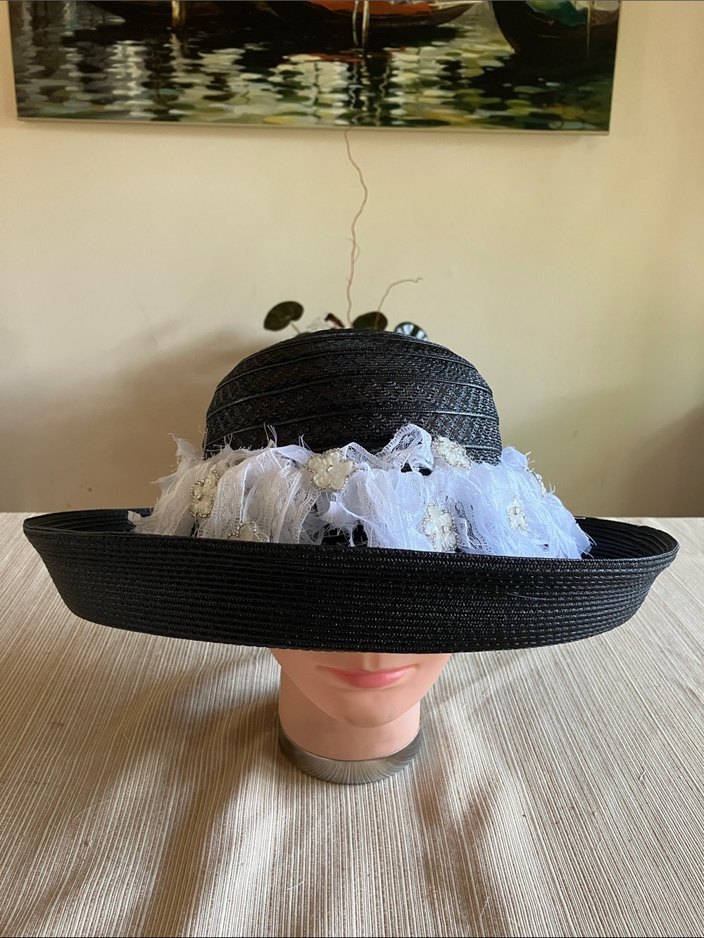 Chic Black Wide Brim Hat with White Lace Trim